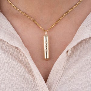 14K Gold Urn Necklace for Ashes/ Customizable Gold Cremation Pendant/ Solid Gold Cylinder Memorial Necklace/ Keepsake Bar Necklace