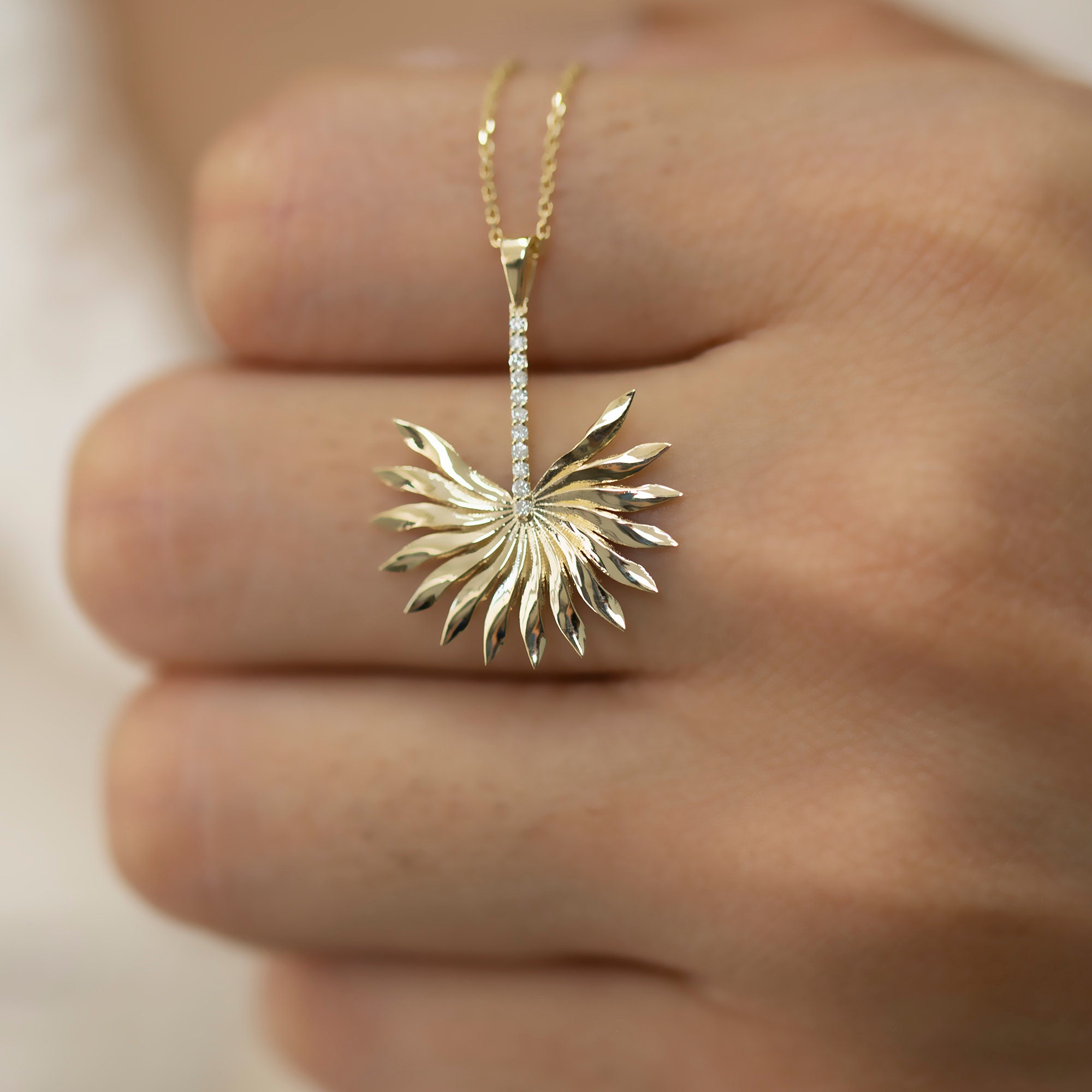 14K Gold Diamond Fan Necklace/ 14K Solid Gold Hand Fan Etsy