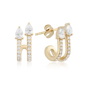 Pendientes de aro dobles con diamantes en oro de 14 quilates, pendientes tipo puño con diamantes de talla pera, pendientes tipo aro dorados, elegantes pendientes de oro, regalo para ella.