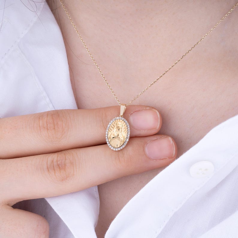 14K Solid Gold Virgin Mary Necklace: Diamond Religious Pendant - Etsy