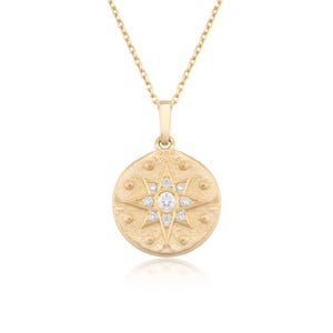 14K Gold Diamond North Star Necklace: Embossed Tumbled Pendant