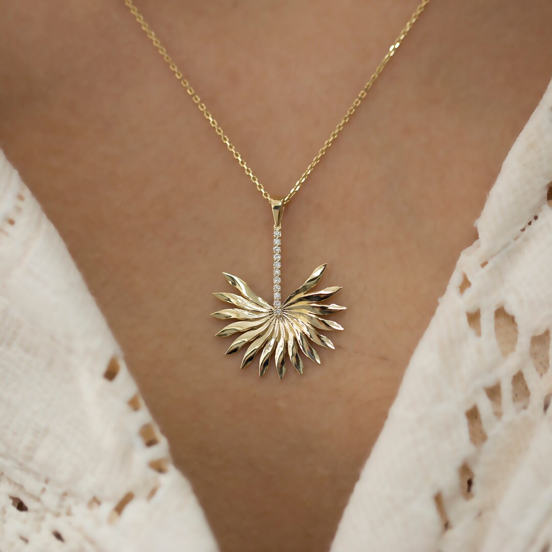 14K Gold Diamond Fan Necklace/ 14K Solid Gold Hand Fan Necklace/ Gold