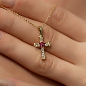 14K Ruby Gold Diamond Cross Necklace/Baptism Cross Gift/ Holiday Gifts/ Protective Necklace/ Christian Communion Jewelry/ Gift for Her