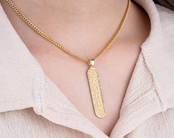 14K Solid Gold Name Necklace/ Gold Vertical Plate Name Pendant/ Personalized Gold Necklace/ Personalized Gifts/ Unique Gift for Her