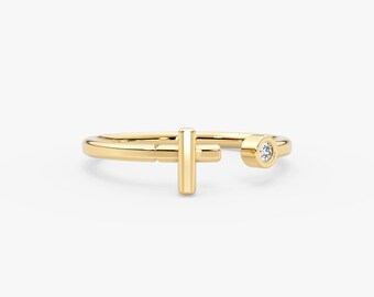 14K Solid Gold Diamond Cross Ring: Minimalist Open Band