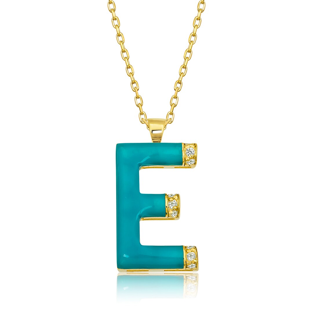 Diamond Initial Necklace for Woman/ Turquoise Enamel Initial Necklace