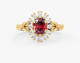 14K Gold Rubin Diamant Ring: Eleganter handgemachter Verlobungsring