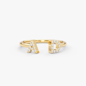 14K Solid Gold Diamond Initial Cuff Ring: Personalized Letter Ring