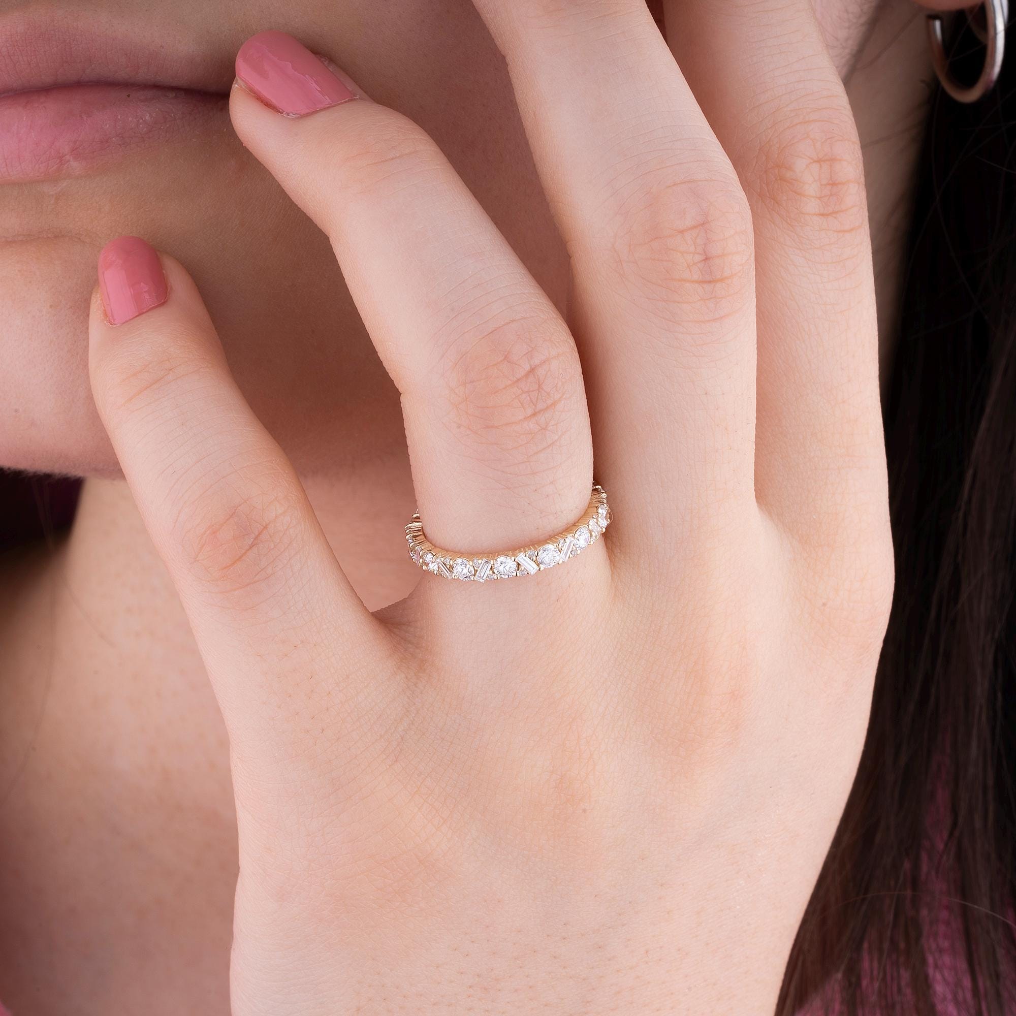14K Solid Gold Diamond Eternity Ring: Round & Baguette Diamond Band - Etsy