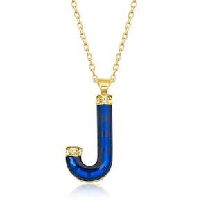 Collar con inicial de diamante para mujer/Collar con inicial de esmalte azul marino/Colgante con letra J de esmalte de oro de 14 quilates/Regalo para ella/Regalo de cumpleaños para ella