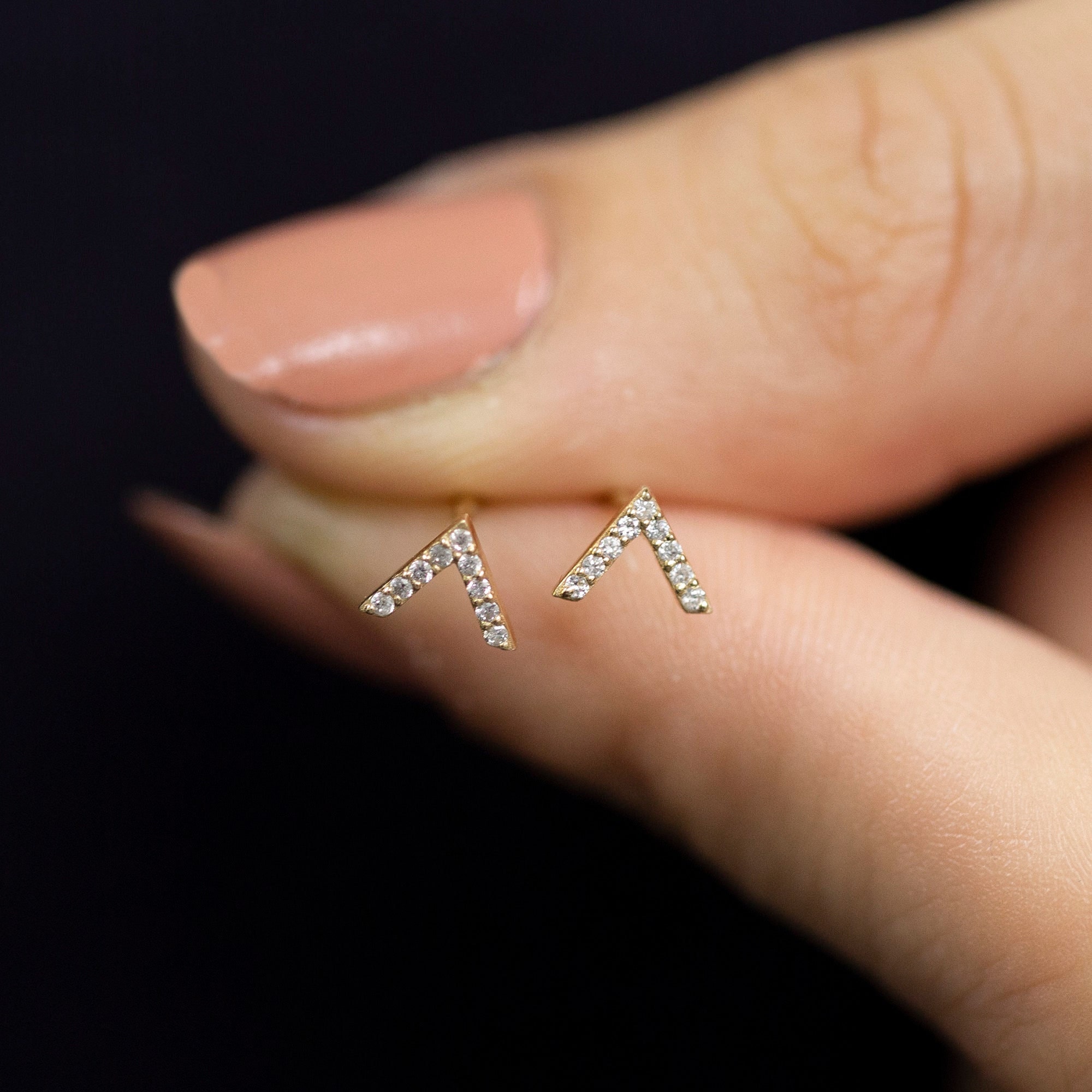14K Gold Diamond V Shape Dainty Stud Earrings/ Gold Diamond V Stud Earrings/ Geometric Chevron Studs/ Birthday Gifts/ Gifts for Her