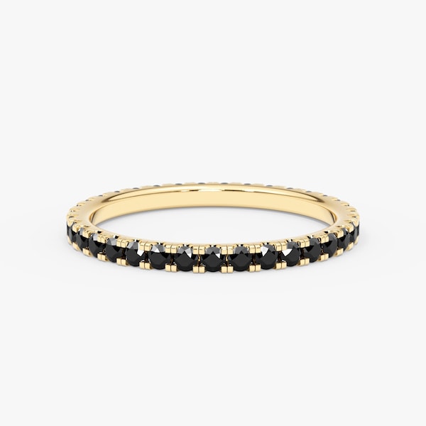 14K Solid Gold Black Diamond Eternity Band: Dainty Stacking Ring