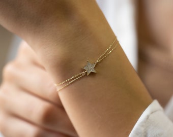 14K Gold Diamond Star Bracelet: Dainty Handmade Jewelry