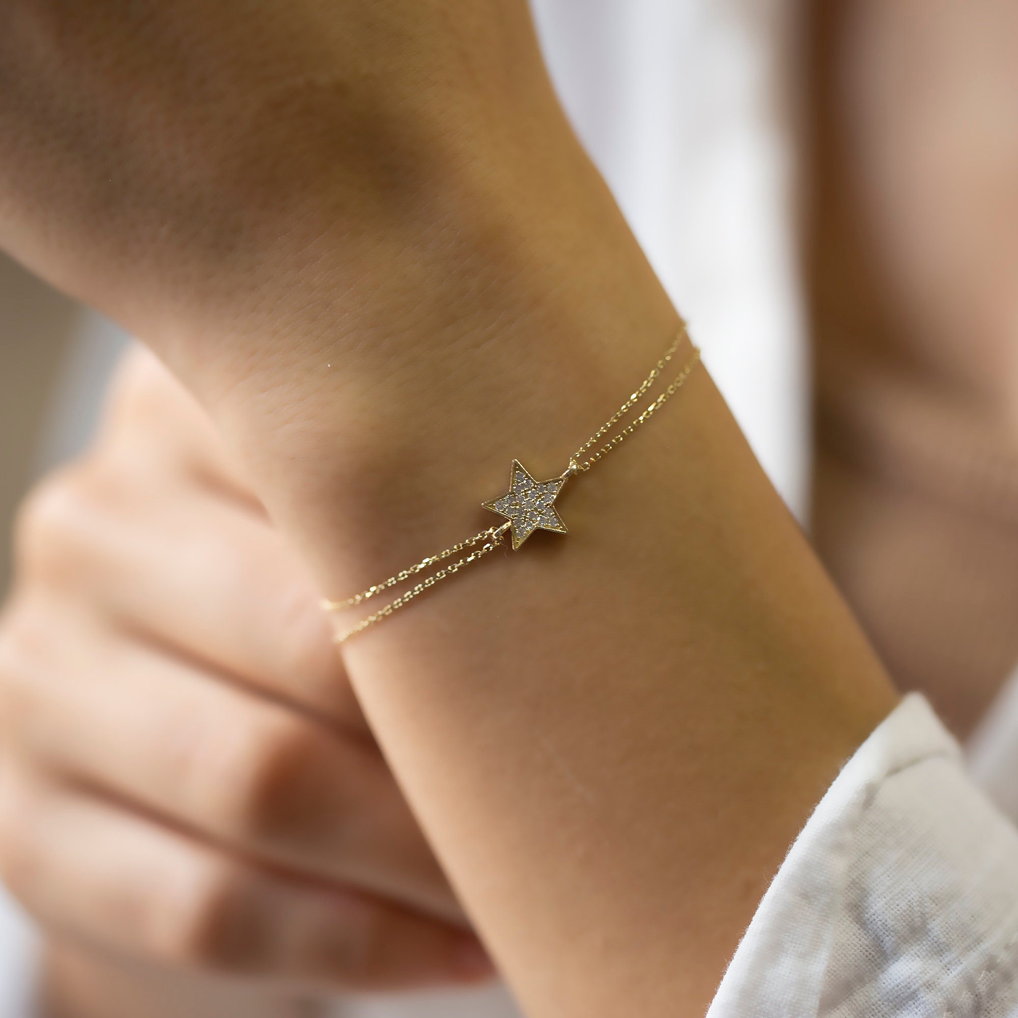 14K Gold Diamond Star Bracelet: Dainty Handmade Jewelry - Etsy