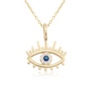 14K Gold Diamond Evil Eye Necklace for Woman/ 14K Gold Eye Sapphire Necklace/ Evil Eye Eyelash Gold Necklace Gift/ The Mom/ Gift for Her