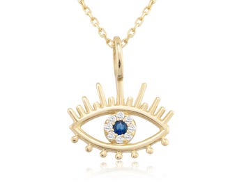 14K Gold Diamond Evil Eye Necklace for Woman/ 14K Gold Eye Sapphire Necklace/ Evil Eye Eyelash Gold Necklace Gift/ The Mom/ Gift for Her