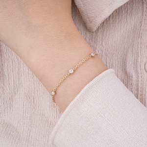 14K Gold Diamond Station Bracelet with Bold Chain / Dainty Bezel Set Diamond Bracelet / Solid Gold Chain Bracelet for Women / Gift for Her