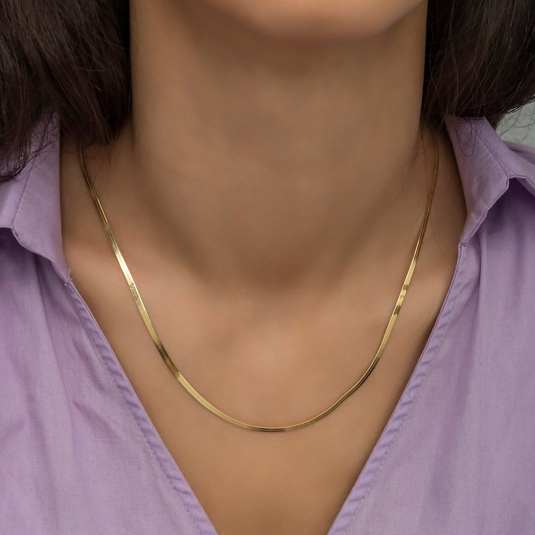 14K Solid Gold Herringbone Chain Necklace - Dainty Polished Gold ...