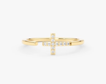 14K Solid Gold Diamond Cross Ring: Minimalist Handmade Religious Jewelry