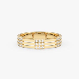 14K Solid Gold Multi-Band Ring: Pave Diamond Wide Band