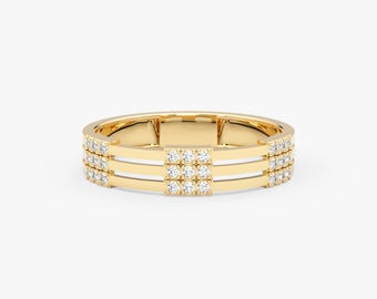 Anillo multibanda de oro macizo de 14 quilates: banda ancha con diamantes pavé.