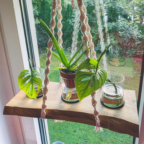 Shelf oak and macrame window plant shelf rustic hanging shelf wood with wane including glass vases for growing plants