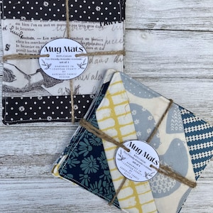 Mug mats, set of 4, kitchen theme, french kitchen, black, chickens, pears, fabric coasters, handmade, quilted, hostess gift