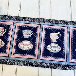 Table runner, teacup, blue, pink, gift, handmade, quilted, reversible,