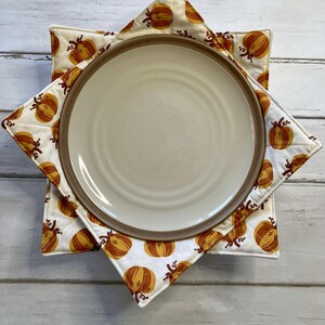May include: Two white quilted pot holders with a brown and orange pumpkin pattern. The pot holders are folded in a star shape and a white plate is sitting on top of them.