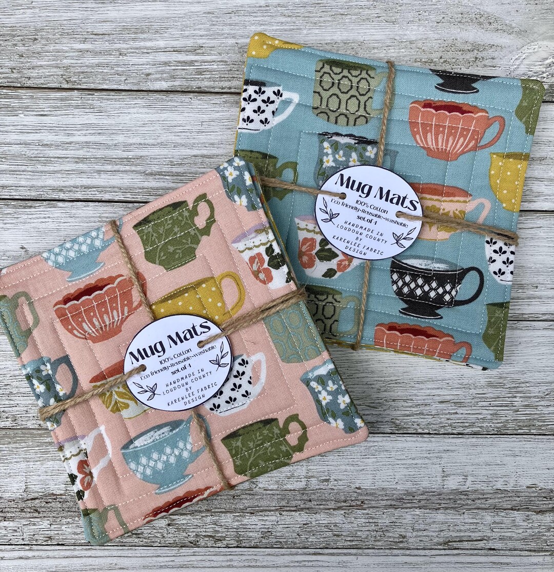 Mug Mats, Set of 4, Teacups, Pink, Blue, Fabric Coasters, Handmade ...