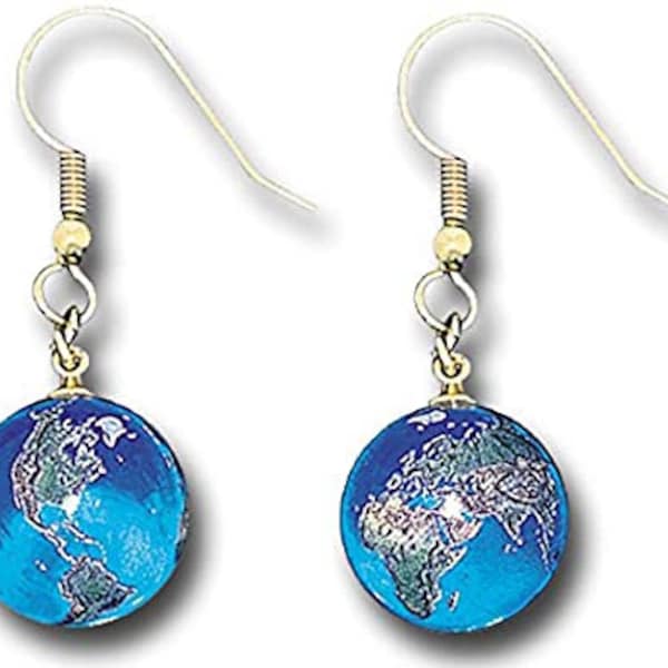 Earrings, Blue Earth Marbles, Natural Earth Continents, Gold Plated Stainless Steel, Half Inch Diameter Globes