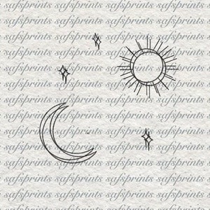 May include: Black line art celestial design featuring a sun, moon, and stars. The sun has radiating lines, the moon is a crescent shape, and the stars have four points. The background has a repeating pattern of the word "safsprints".