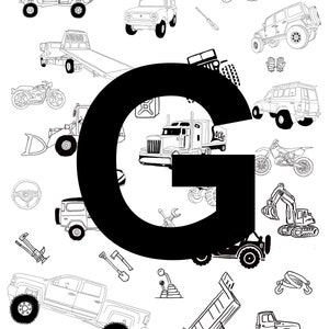 Trucks & Tractors! poster for kids, Downloadable Letter G, playroom print, boys room wall art, instant download