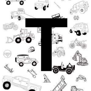 Lkw & Traktoren! Poster für Kinder, Herunterladbarer Buchstabe T, Spielzimmer Druck, Jungenzimmer Wandkunst, sofortiger Download