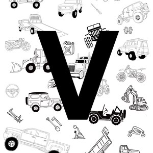 Trucks & Tractors! poster for kids, Downloadable Letter V, playroom print, boys room wall art, instant download