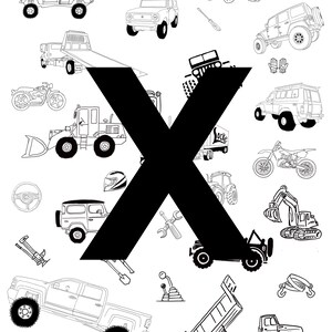 Trucks & Tractors! poster for kids, Downloadable Letter X, playroom print, boys room wall art, instant download