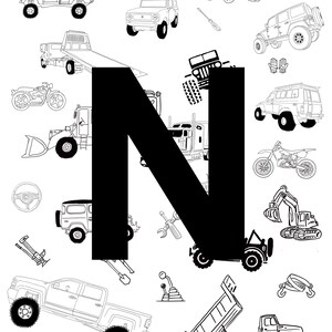 Trucks & Tractors! poster for kids, Downloadable Letter N, playroom print, boys room wall art, instant download