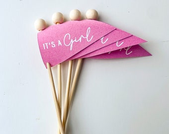 It's a Girl Pink Cupcake Toppers or Announcement  Flags, baby showers, sprinkles, Baby Girl celebrations