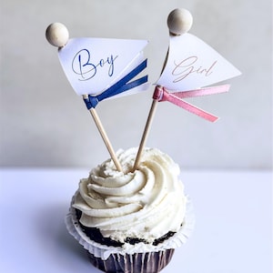 Gender Reveal Favor Flag Cupcake Toppers – “Girl” & “Boy” with Ribbon