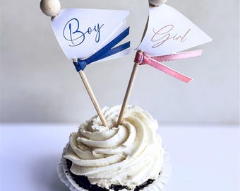 Gender Reveal Favor Flag Cupcake Toppers – “Girl” & “Boy” with Ribbon