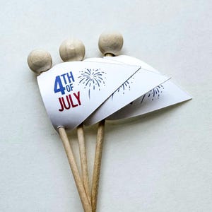 4th of July Favor Flag Cupcake & Dessert Toppers – Red White and Blue