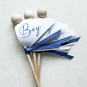Blue “Boy” Cupcake Toppers with Hand-tied Ribbon, Gender Announcement, Shower Gift