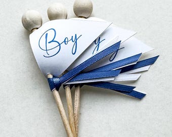 Baby Shower Cupcake Toppers – Blue “Boy” Favor Flags with Ribbon