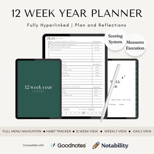 May include: A digital planner app mockup with a green background and the text "12 week year planner" in white. The app is open to a page with a weekly planner layout. The app is compatible with Goodnotes and Notability.