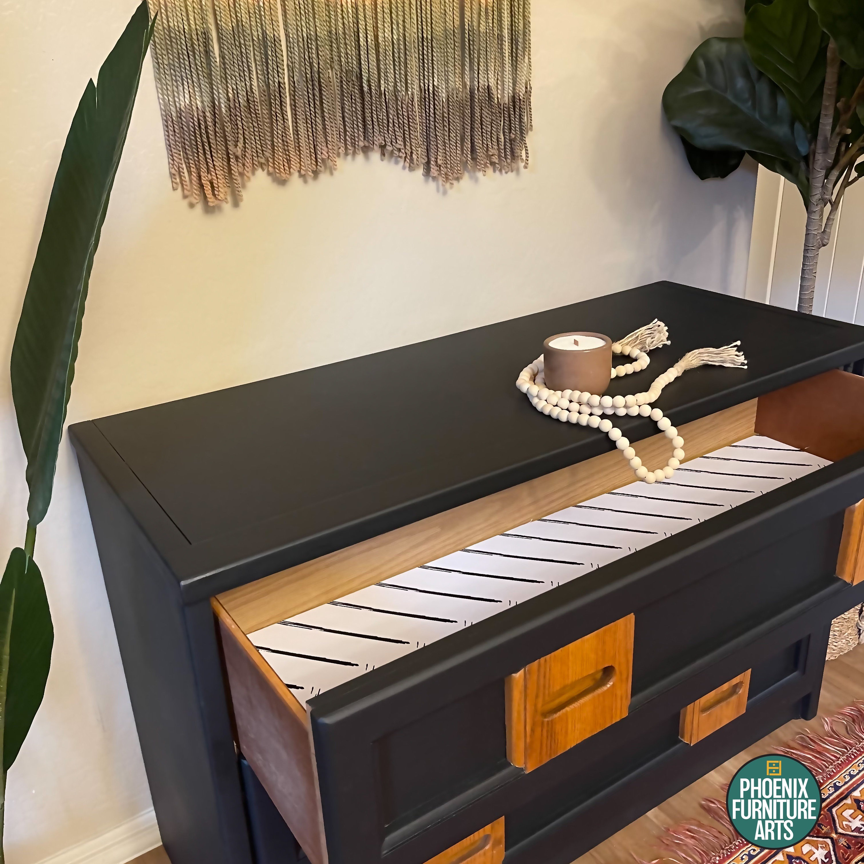 boho black dresser Hand-Carved Charcoal 3-Drawer Dresser