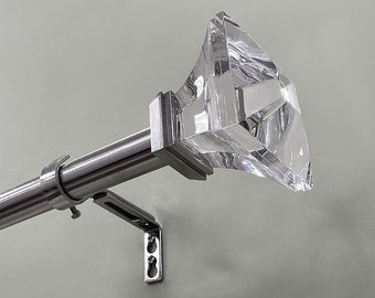 spotblinds Adjustable Single Curtain Rod for Windows - 36-72" Wide - 1" Acrylic Faceted Square Drapery Rod Set with Finial and Brackets