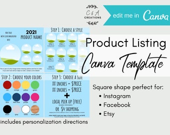 DIGITAL CANVA TEMPLATE - Product marketing tool - listing style and color options template editable in Canva (10 styles + 12 color options)