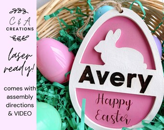 DIGITAL FILE - Egg Shaped Easter Basket Tag SVG laser cutting file with Cute Bunny- Designed for Glowforge (includes commercial use license)