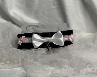 Black, White, Pink Ribbon Choker Collar with Bell | Lolita, Kitten, Gothic, Victorian, Cosplay
