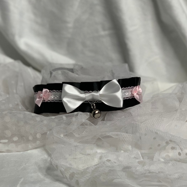 Black, White, Pink Ribbon Choker Collar with Bell | Lolita, Kitten, Gothic, Victorian, Cosplay